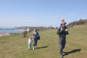 Isabel, Aubrey & Caspar with Belinda (Bee) at White Cliffs of Dover.  Dover Castle is in the background